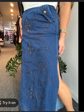 NWT blue b Embroidered Blue Denim Maxi Skirt with Side Slit